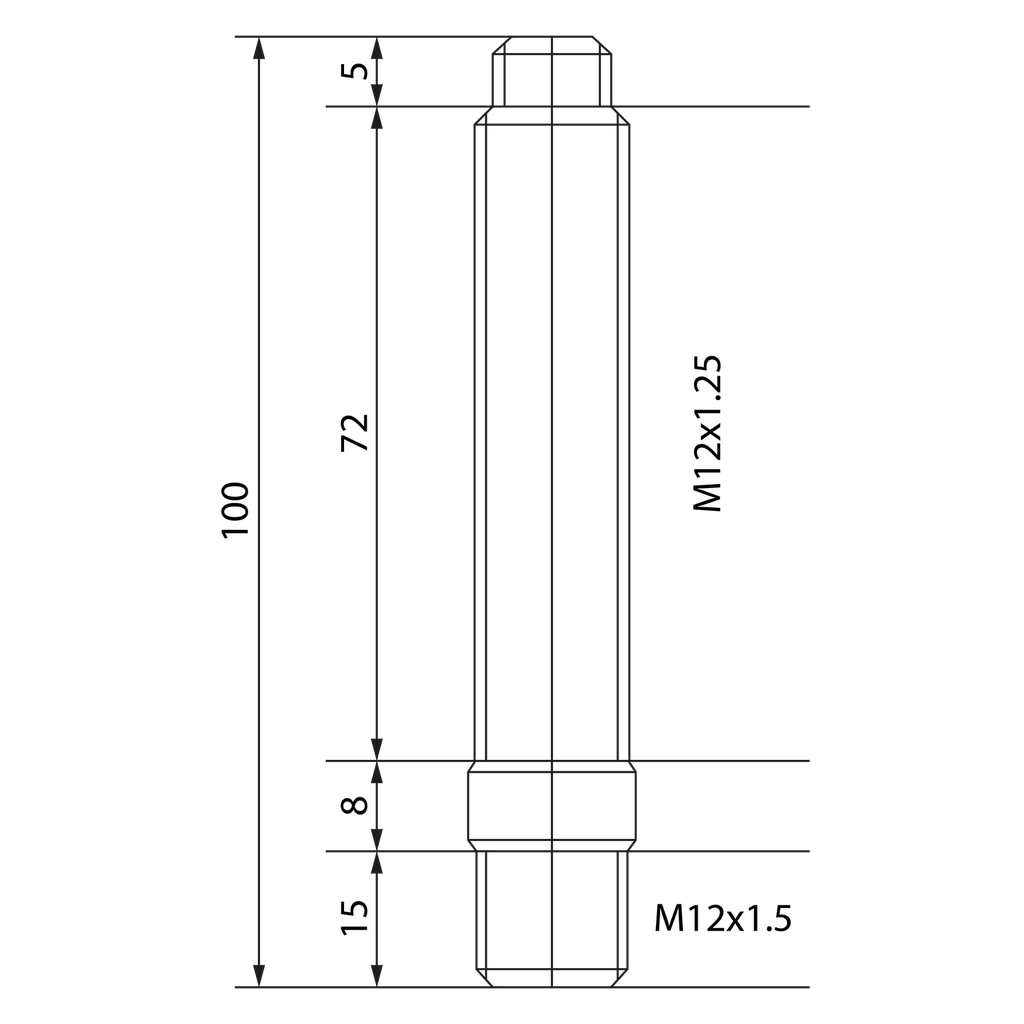 Hub stud with double thread M12x1.5 and M12x1.25, length 100 mm - Black zinc nickel plating