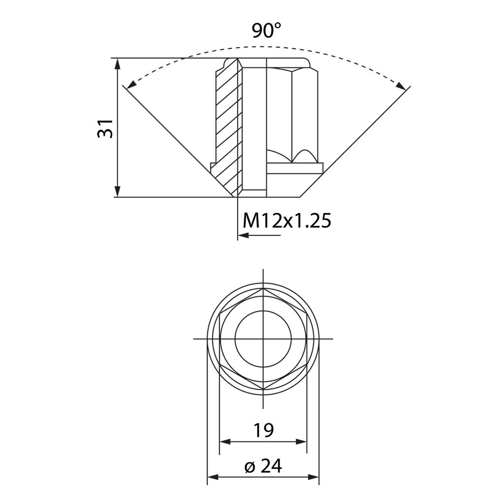 Open end lug nut M12x1.25, tapered 90° - Black zinc nickel plating - L : 31mm