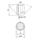 Open end lug nut M12x1.25, tapered 90° - Black zinc nickel plating - L : 31mm