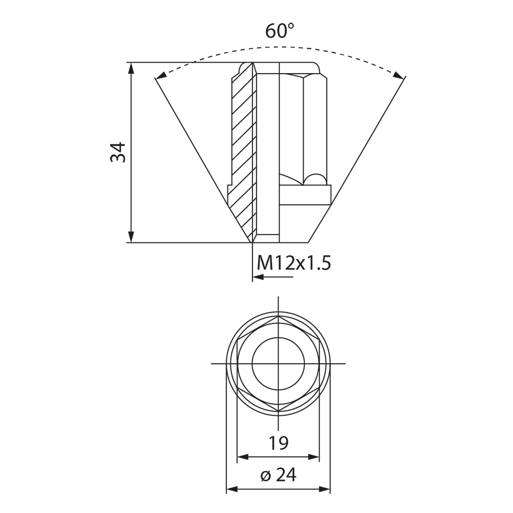 Écrou de roue conique ouvert M12x1.25 - L : 34 mm, noir, Zinc