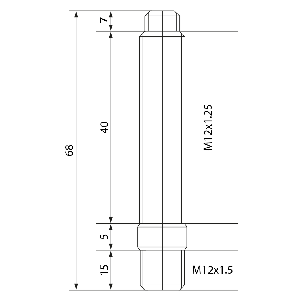 Hub stud with double thread M12x1.5 and M12x1.25, length 100 mm - Black zinc nickel plating