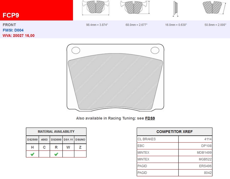 FCP9R - Pastillas de freno Ferodo DS3000