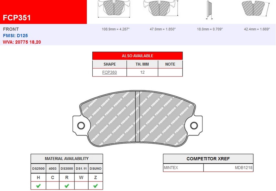 FCP351R - Pastillas de freno Ferodo DS3000