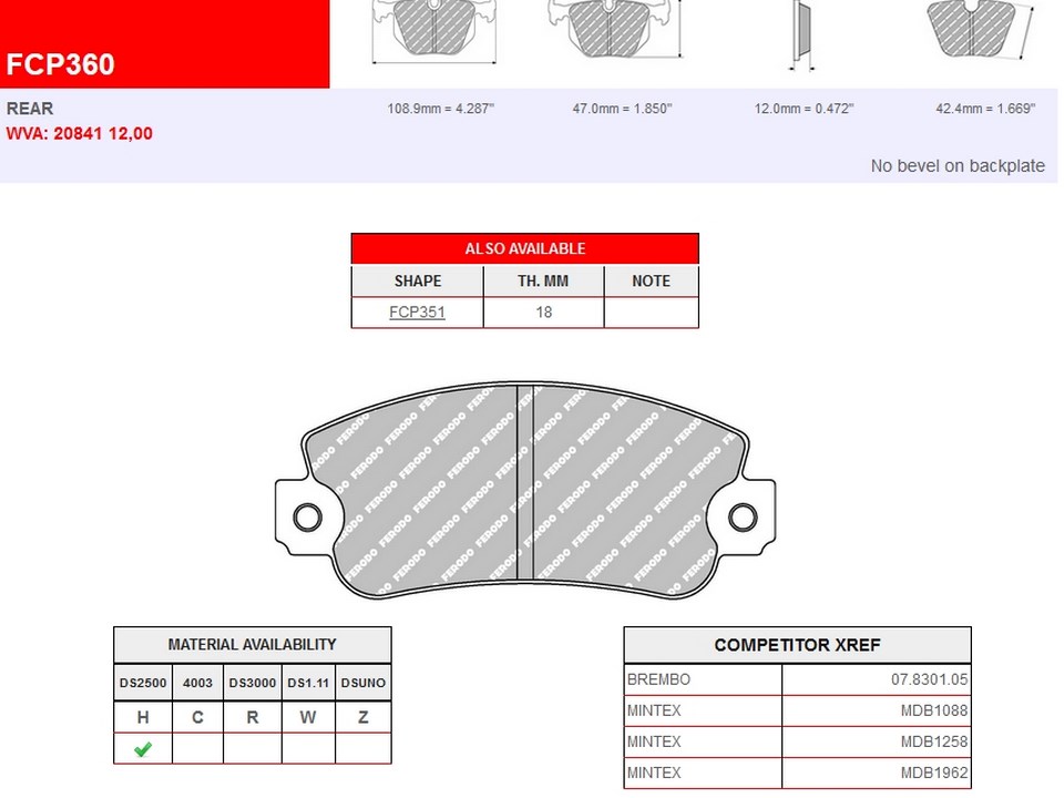 FCP360H - Ferodo brake pads DS2500