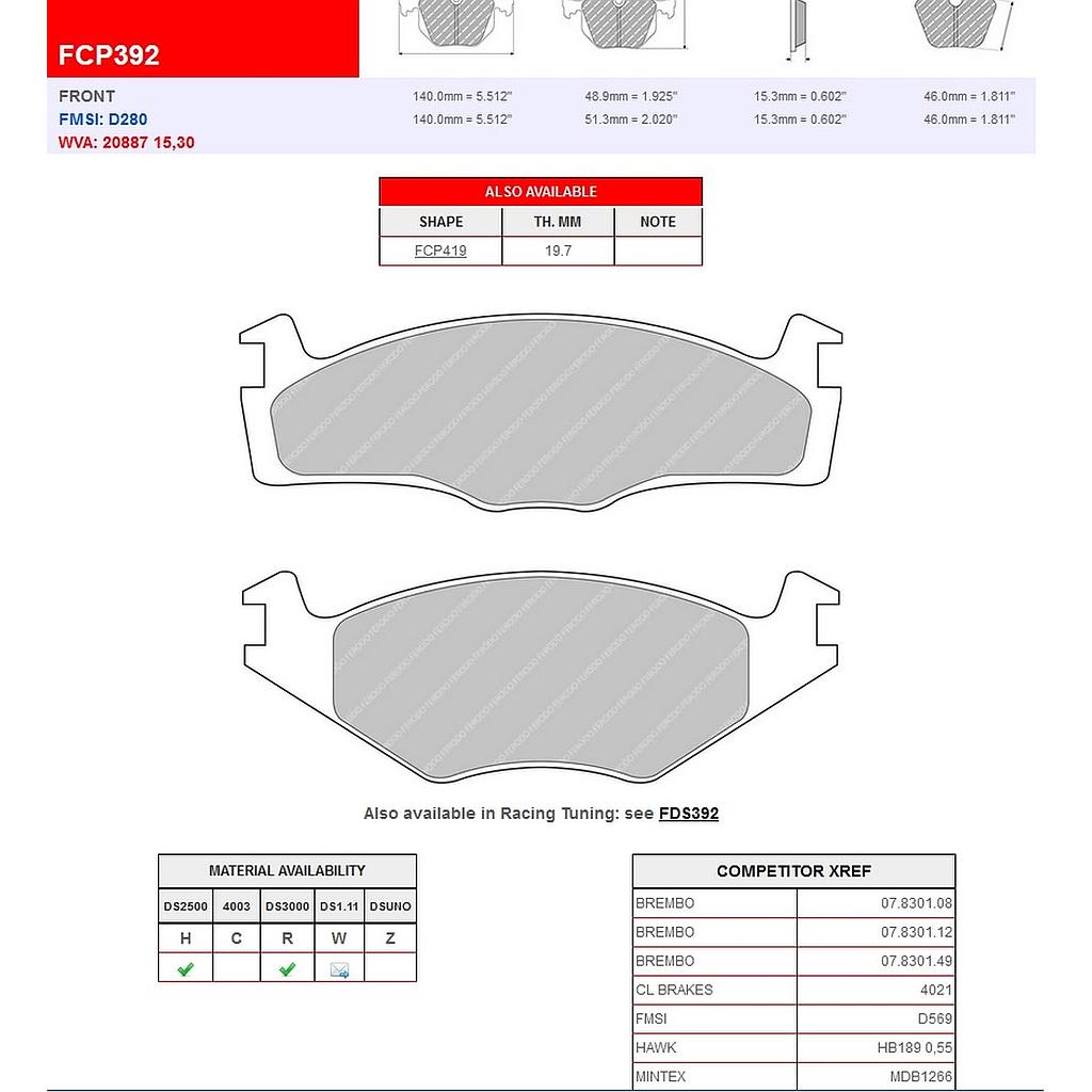 FCP392R - Ferodo brake pads DS3000