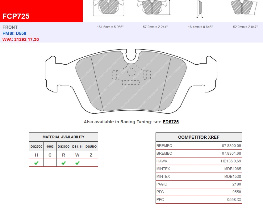 FCP725W - Ferodo brake pads DS1.11