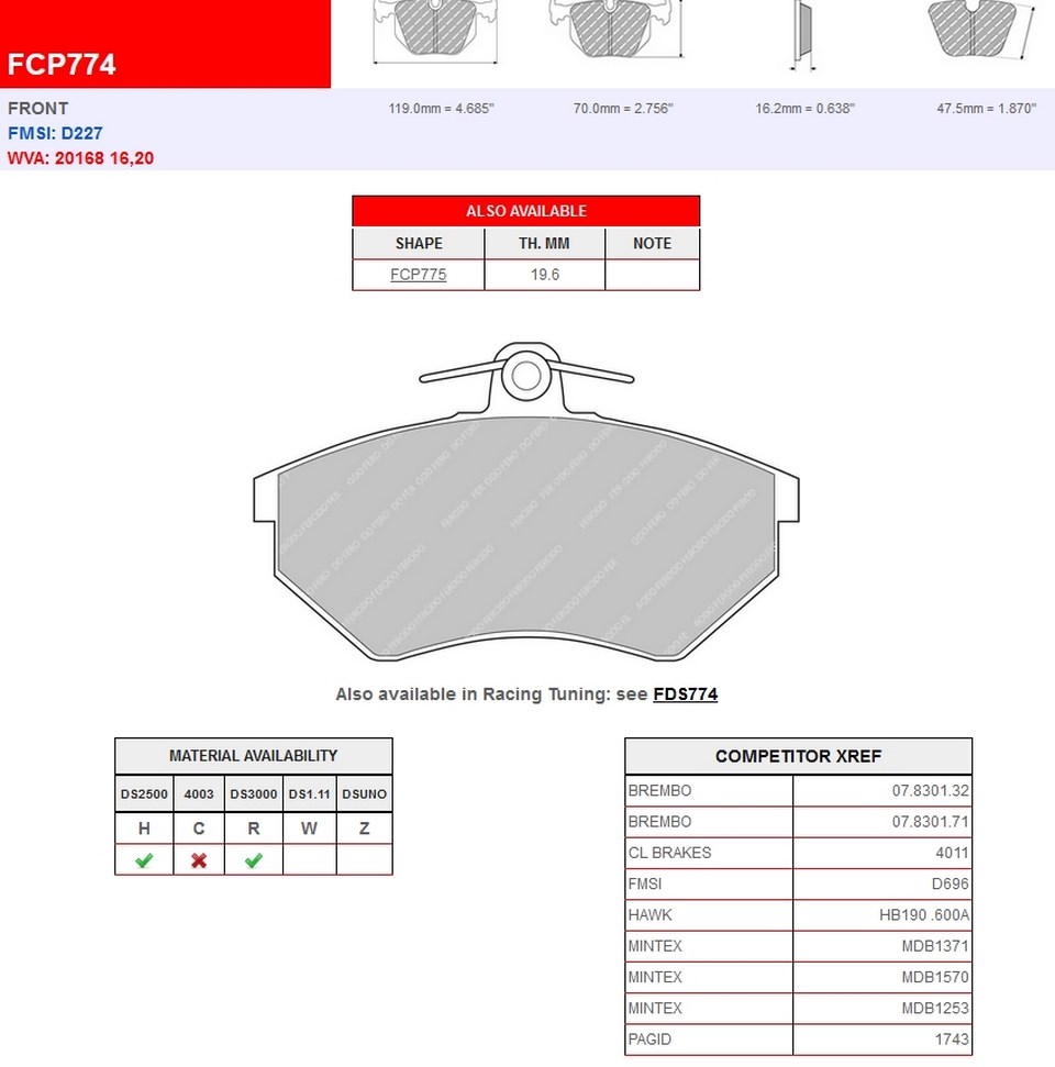 FCP774R - Ferodo brake pads DS3000