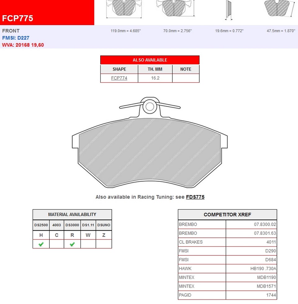 FCP775R - Ferodo brake pads DS3000