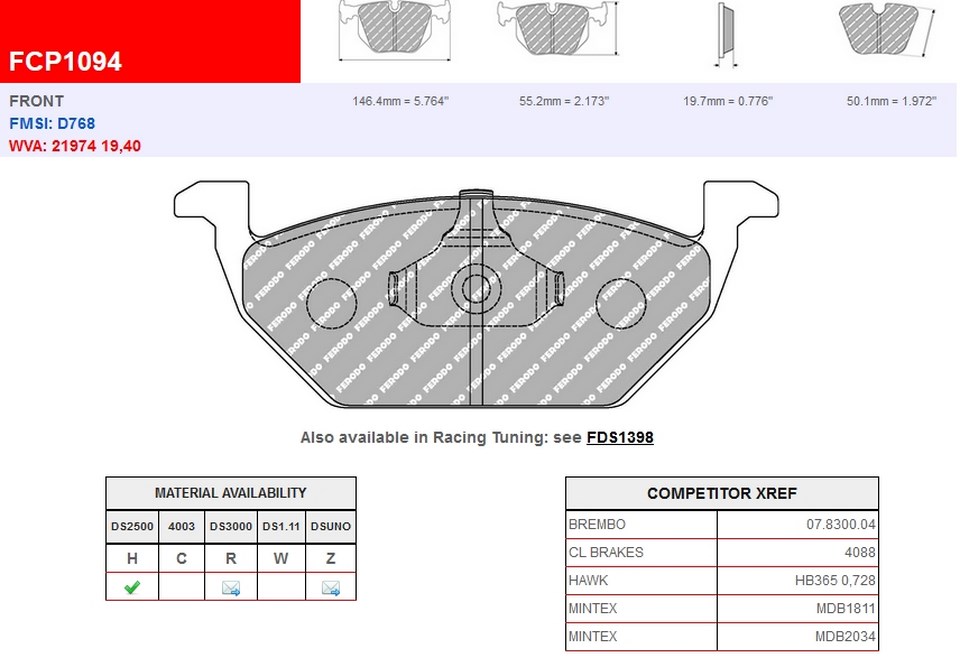 FCP1094R - Ferodo brake pads DS3000