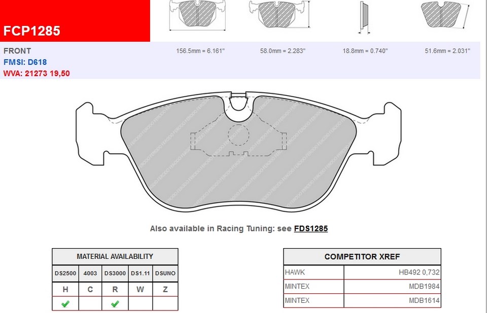 FCP1285R - Ferodo brake pads DS3000