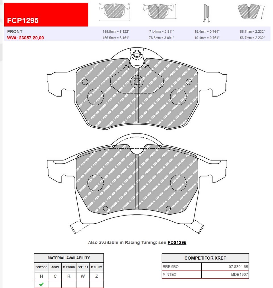 FCP1295H - Pastillas de freno Ferodo DS2500