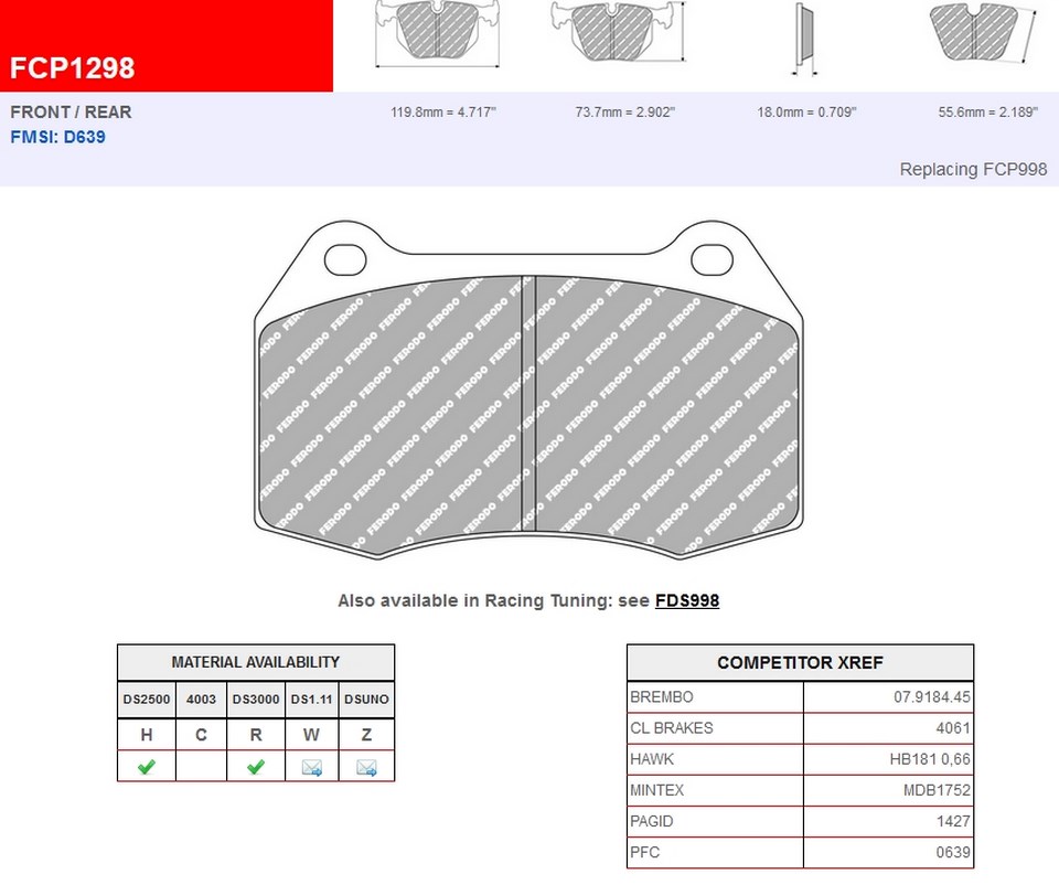 FCP1298R - Plaquettes Ferodo DS3000