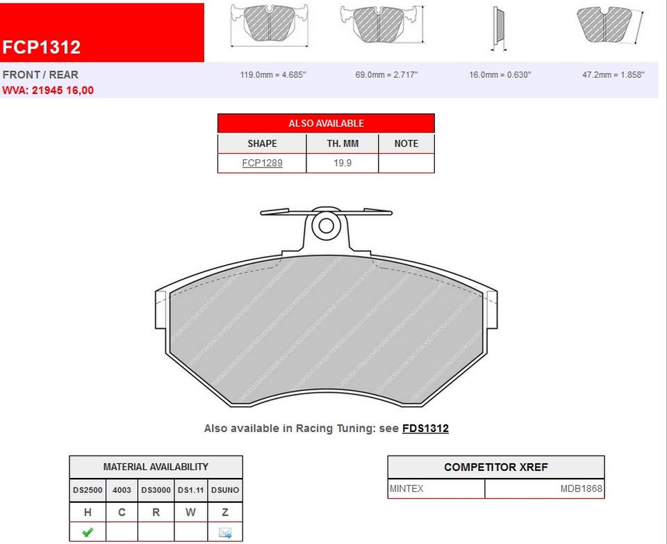 FCP1312H - Plaquettes Ferodo DS2500