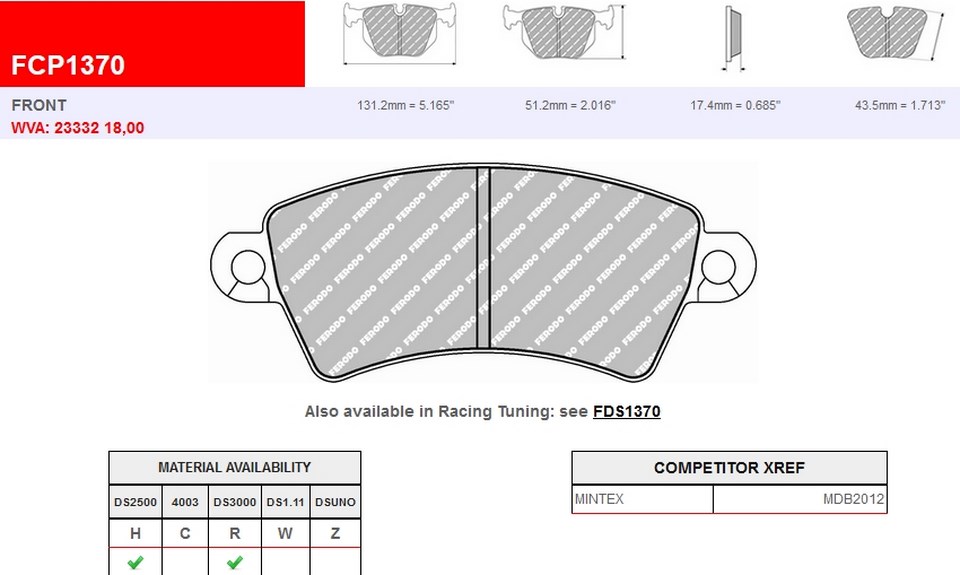 FCP1370H - Pastillas de freno Ferodo DS2500