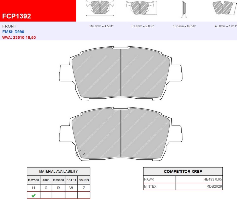 FCP1392H - Pastillas de freno Ferodo DS2500