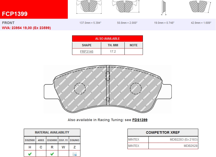 FCP1399Z - Ferodo brake pads DSUNO