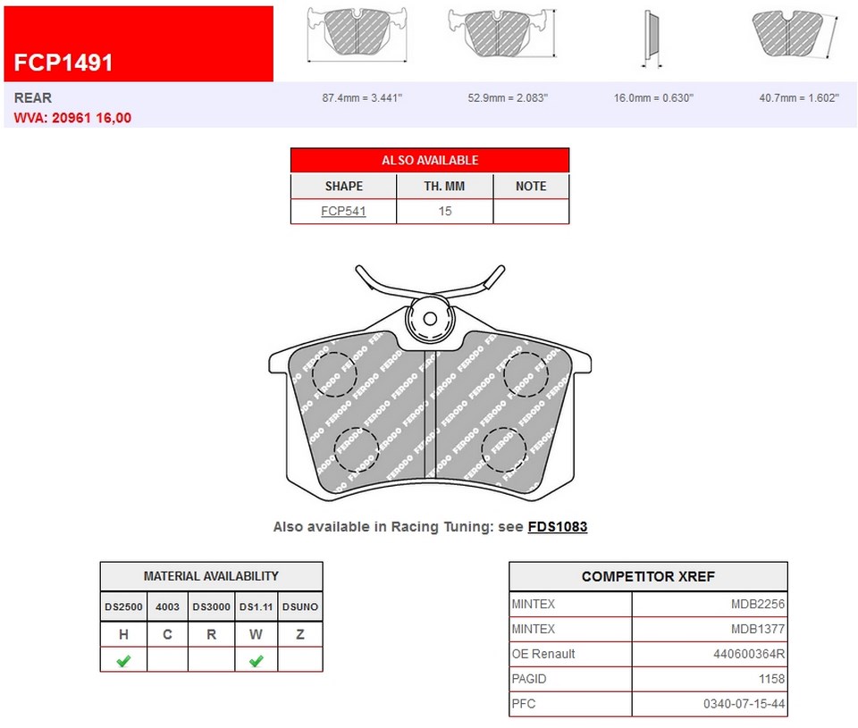 FCP1491H - Plaquettes Ferodo DS2500