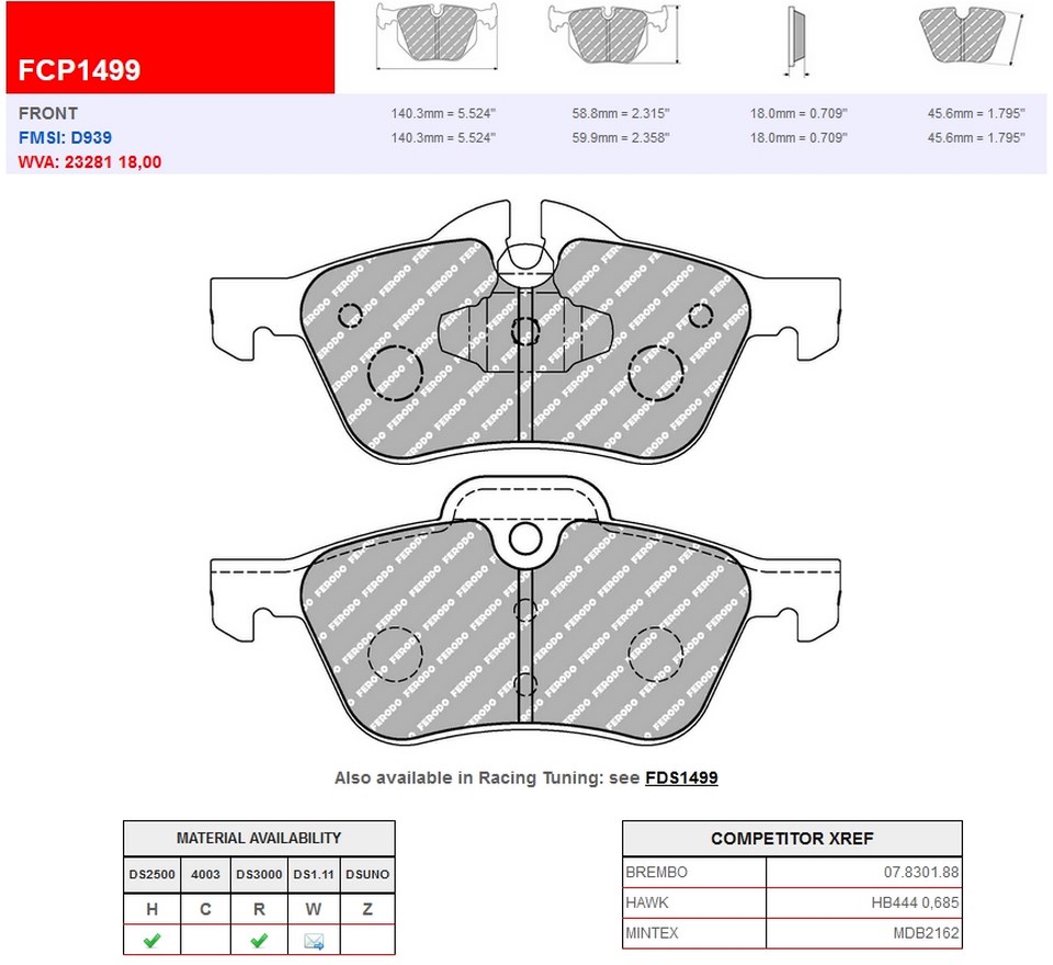 FCP1499R - Ferodo brake pads DS3000