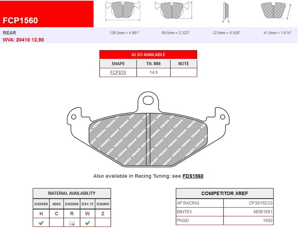 FCP1560R - Ferodo brake pads DS3000