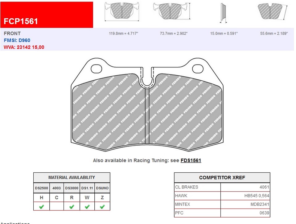FCP1561H - Ferodo brake pads DS2500