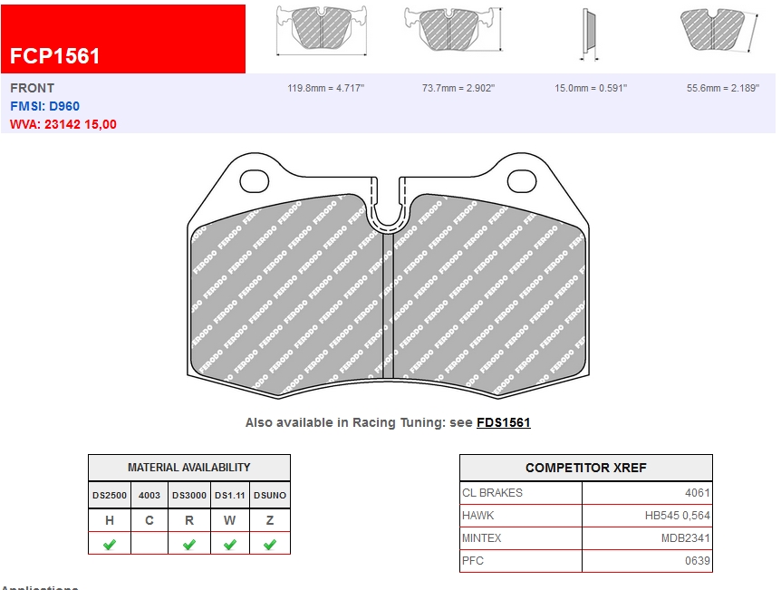 FCP1561W - Ferodo brake pads DS1.11