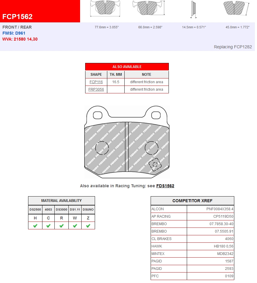 FCP1562Z - Plaquettes Ferodo DSUNO