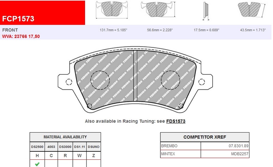FCP1573H - Ferodo brake pads DS2500