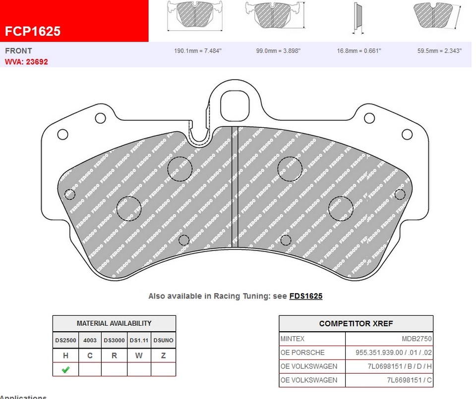 FCP1625H - Ferodo brake pads DS2500