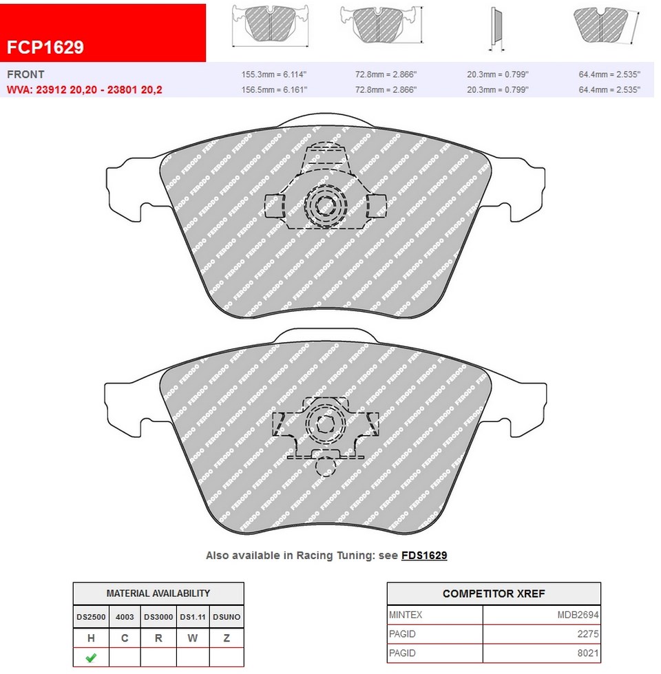 FCP1629H - Ferodo brake pads DS2500