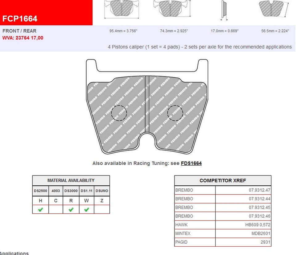 FCP1664R - Ferodo brake pads DS3000