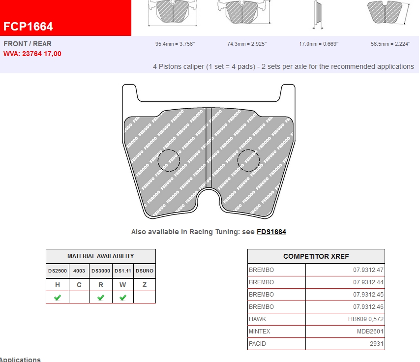 FCP1664W - Ferodo brake pads DS1.11