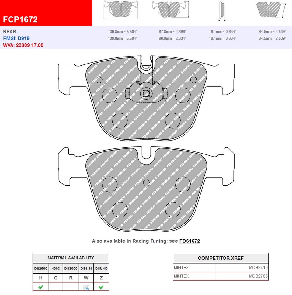 FCP1672H - Ferodo brake pads DS2500