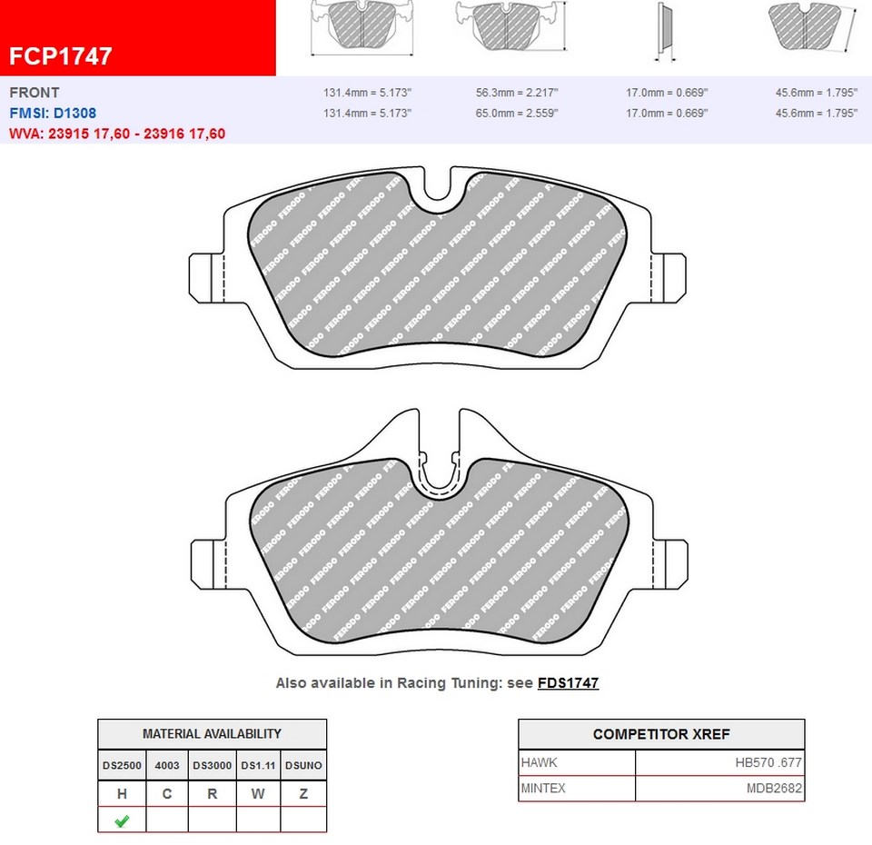 FCP1747H - Ferodo brake pads DS2500
