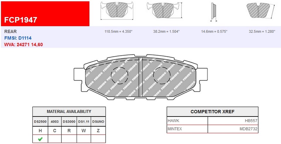 FCP1947H - Ferodo brake pads DS2500