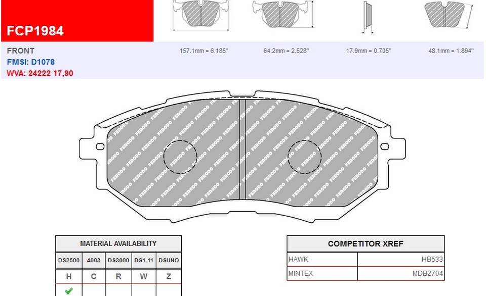 FCP1984H - Ferodo brake pads DS2500