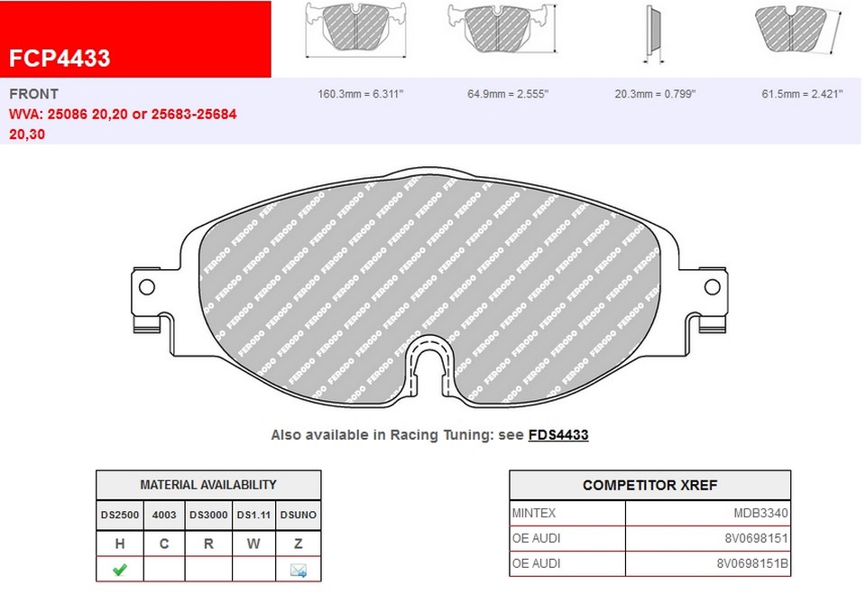 FCP4433H - Ferodo brake pads DS2500