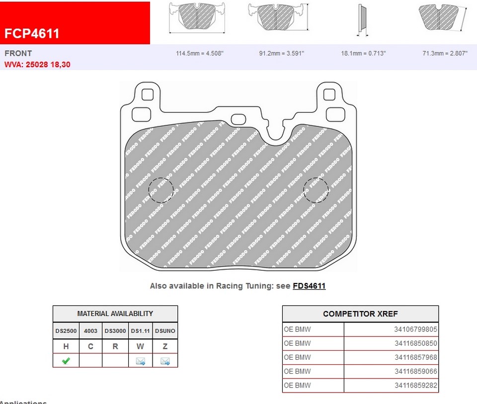 FCP4611H - Ferodo brake pads DS2500