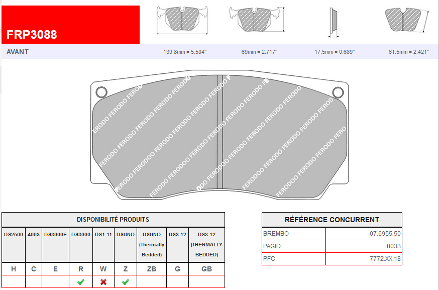 FRP3088R - Plaquettes Ferodo DS3000