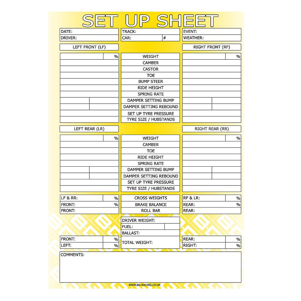 CHASSIS SET UP SHEETS (PAD OF 50)