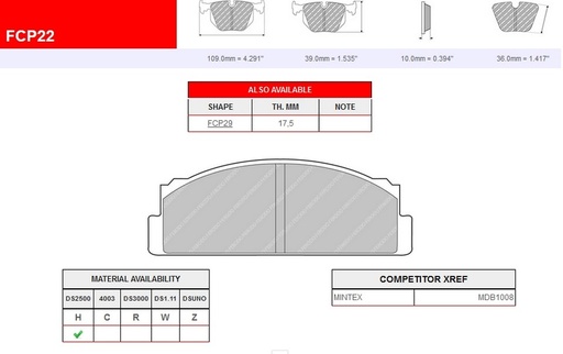 [FCP22H] FCP22H - Ferodo brake pads DS2500