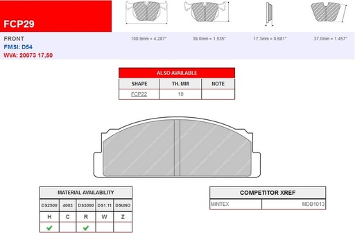 [FCP29R] FCP29R - Ferodo brake pads DS3000