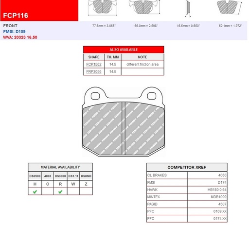 [FCP116H] FCP116H - Ferodo brake pads DS2500