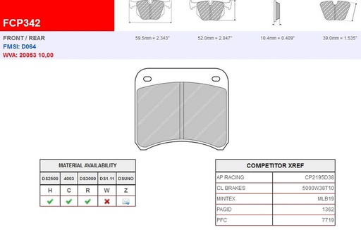 [FCP342H] FCP342H - Ferodo remblokken DS2500
