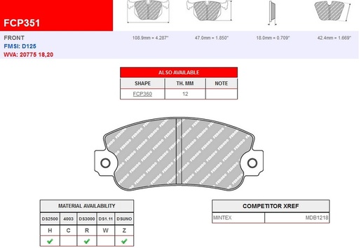[FCP351R] FCP351R - Ferodo brake pads DS3000