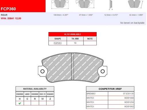 [FCP360H] FCP360H - Ferodo brake pads DS2500