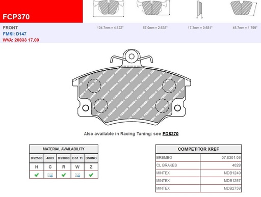 [FCP370R] FCP370R - Ferodo brake pads DS3000