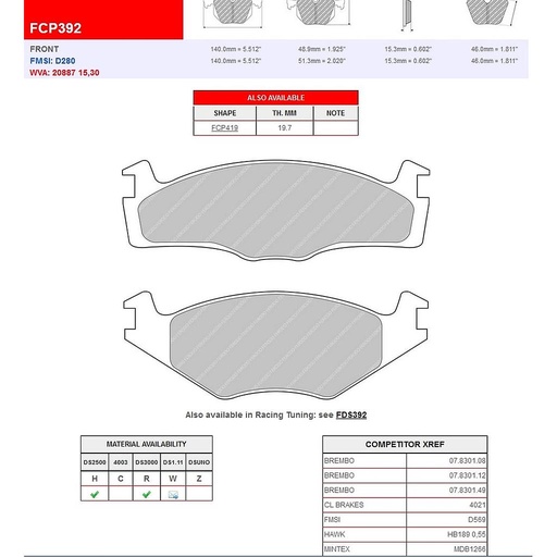 [FCP392H] FCP392H - Ferodo brake pads DS2500