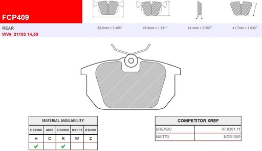 [FCP409H] FCP409H - Ferodo brake pads DS2500