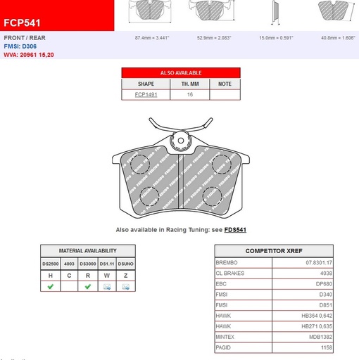[FCP541H] FCP541R - Plaquettes Ferodo DS3000