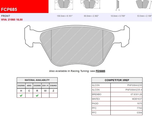 [FCP685R] FCP685R - DS3000 Ferodo brake pads